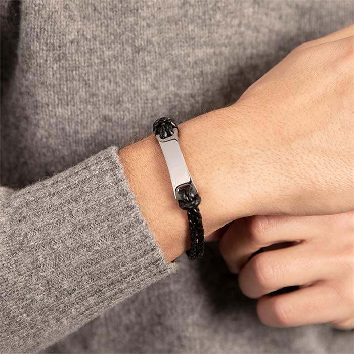 Bracelet leather black stainless steel engraving plate