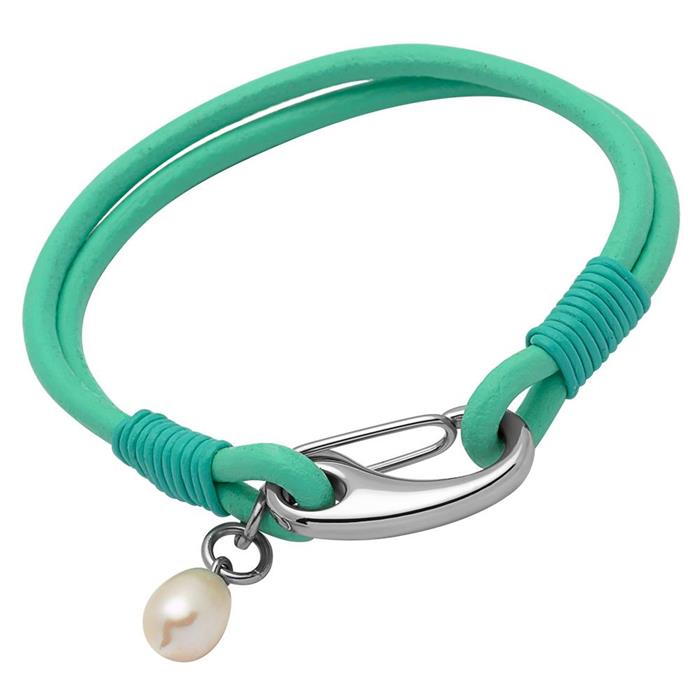 Pulsera cuero menta perla de agua dulce