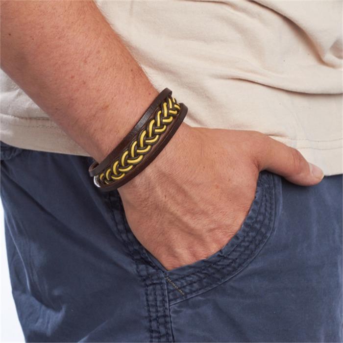 Bracelet braided leather textile yellow dark brown