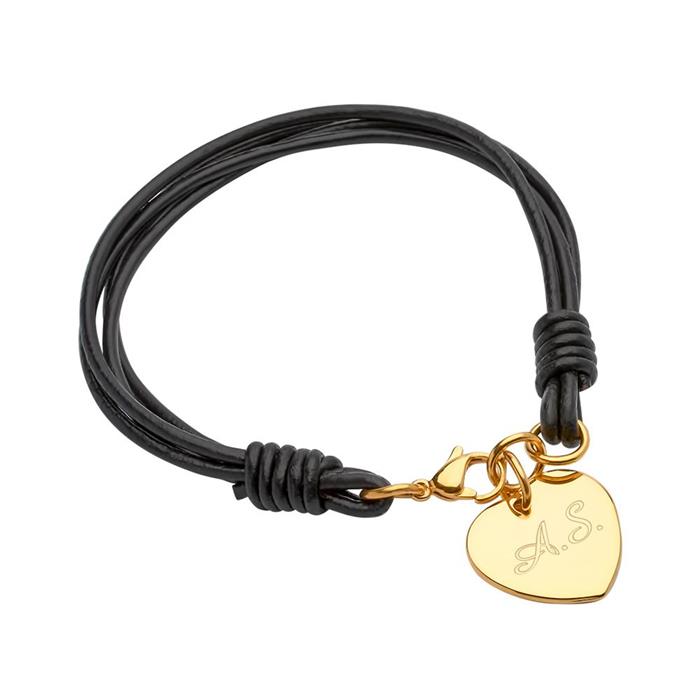 Pulsera de cuero negro con corazón dorado