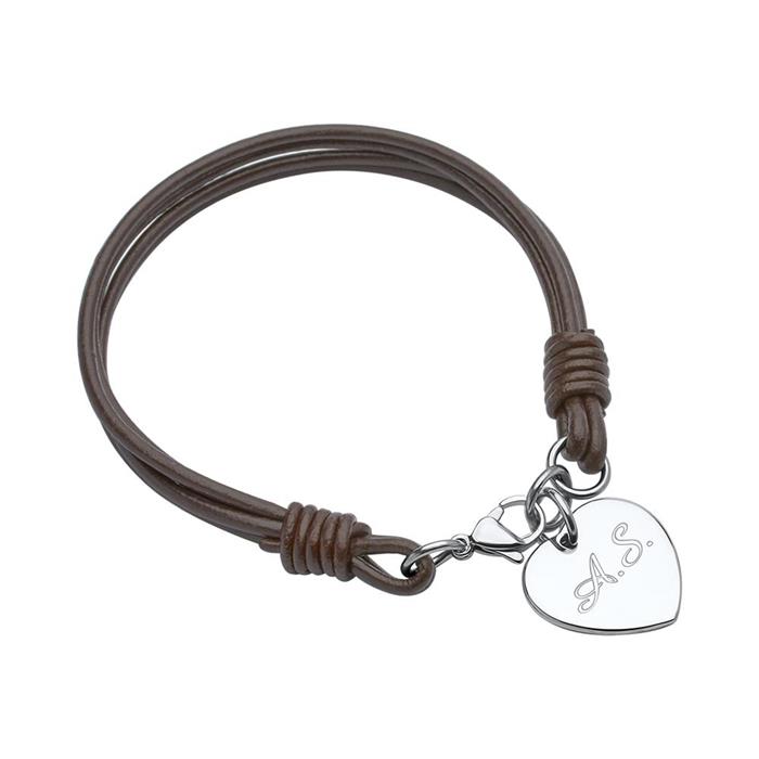 Pulsera de cuero marrón con corazón de acero inoxidable