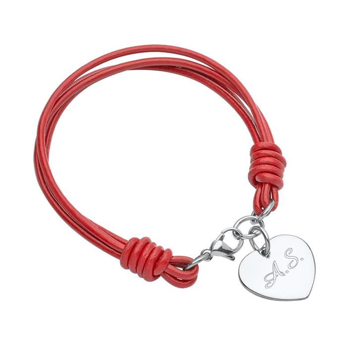 Red leather bracelet with stainless steel heart pendant