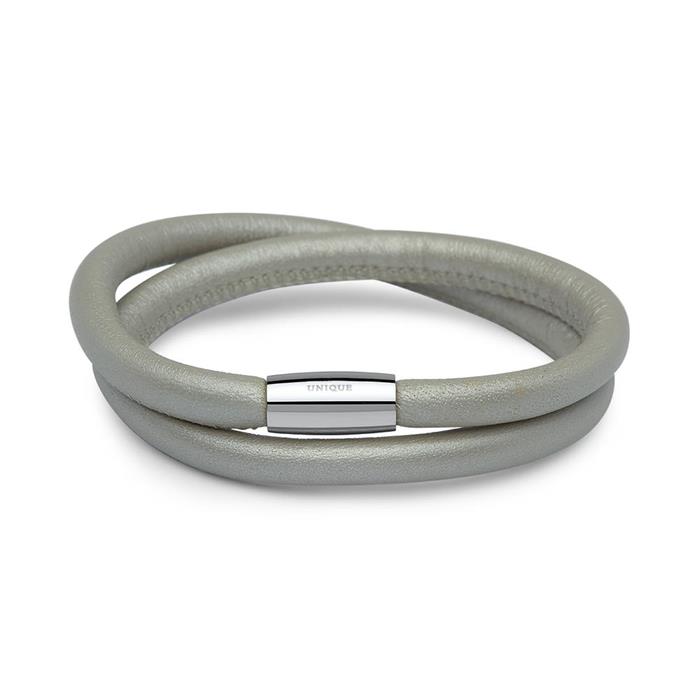 Double-Breasted Wrapped Leather Bracelet For Charms Grey