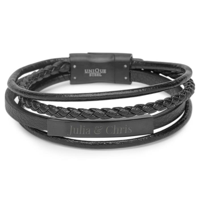 Engravable imitation leather bracelet 4 strands black