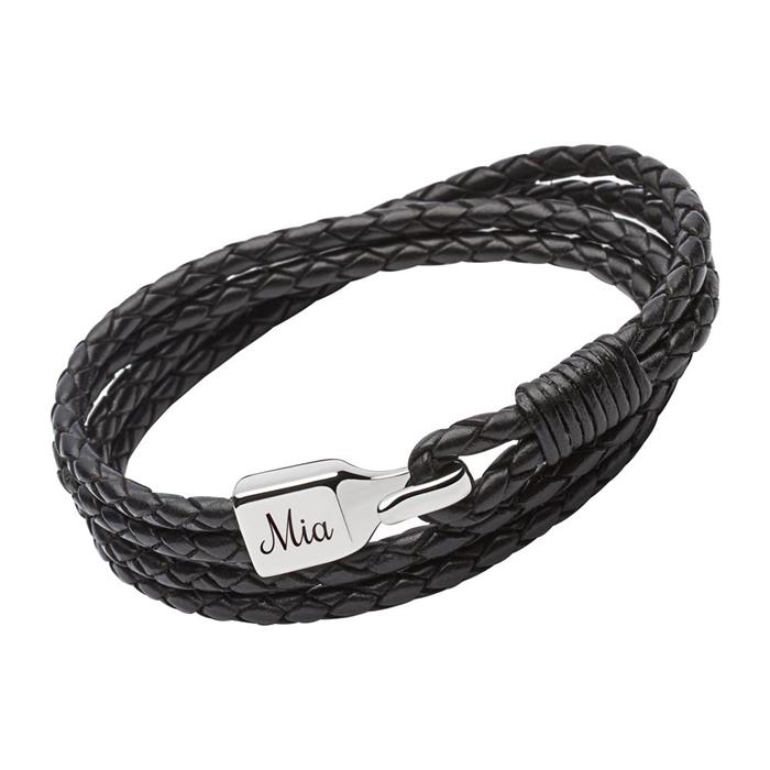 Pulsera de cuero negro 4 vueltas grabado posible