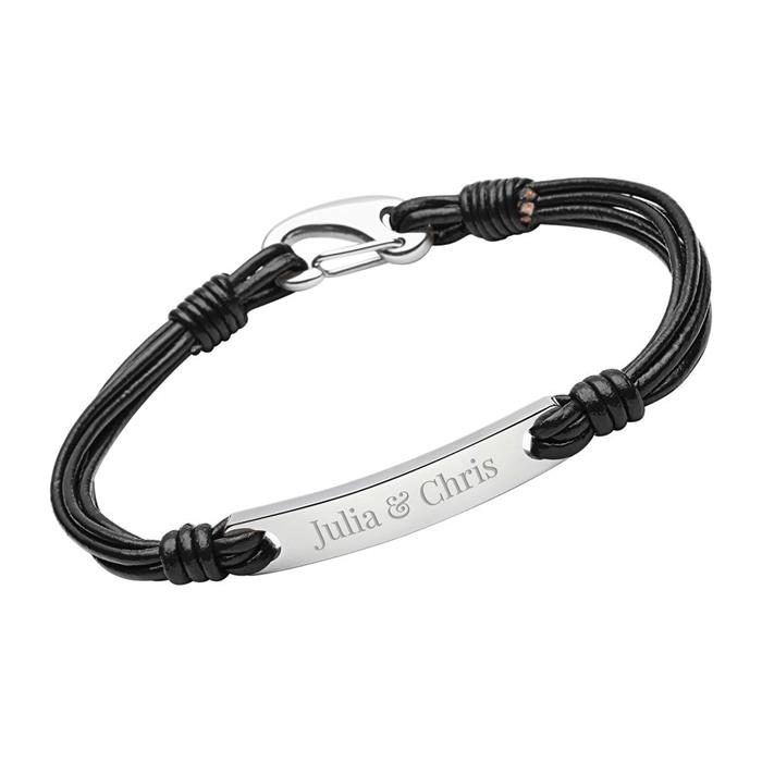 Leather strap in black with engraving plate carabiner