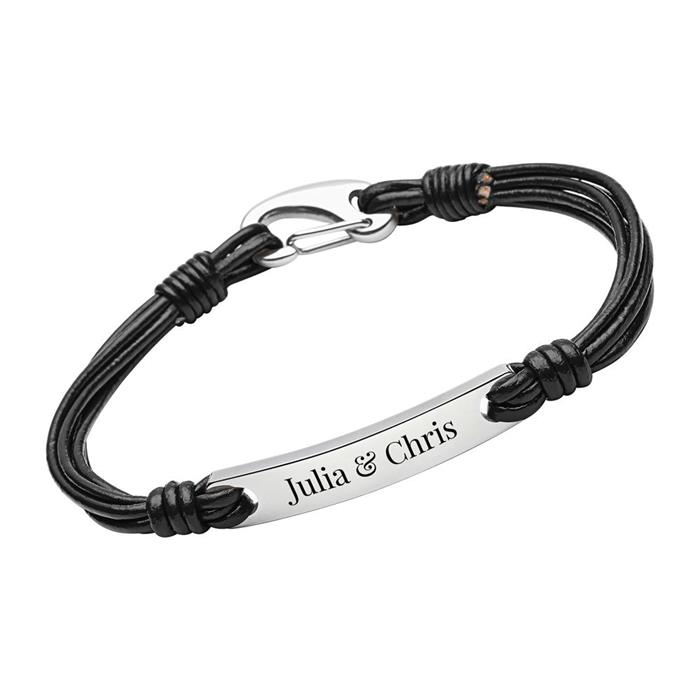 Pulsera de cuero negro con mosquet&#xF3;n de chapa grabada