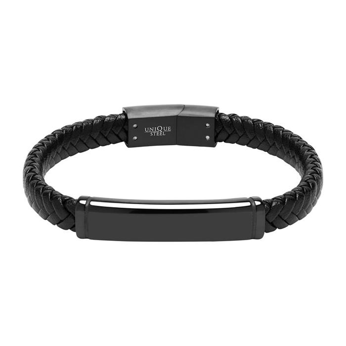 Engravable bracelet in black imitation leather and stainless steel