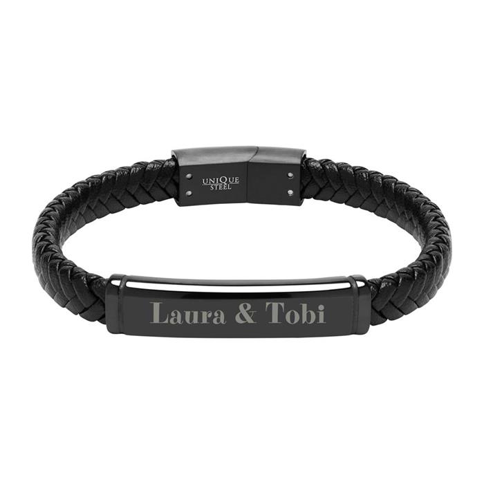 Engravable bracelet in black imitation leather and stainless steel