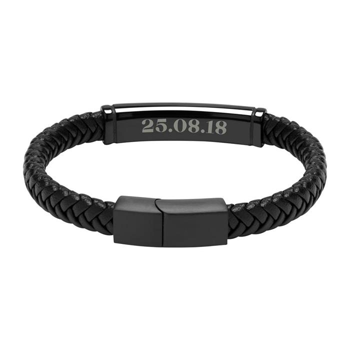 Engravable Bracelet In Black Imitation Leather And Stainless Steel