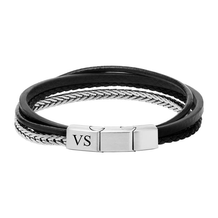 Bracelet in black imitation leather and engravable stainless steel