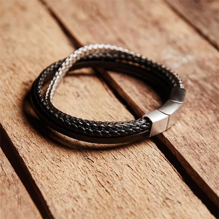 Bracelet in black imitation leather and engravable stainless steel