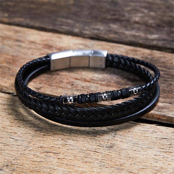 Black imitation leather bracelet multiple rows and engravable