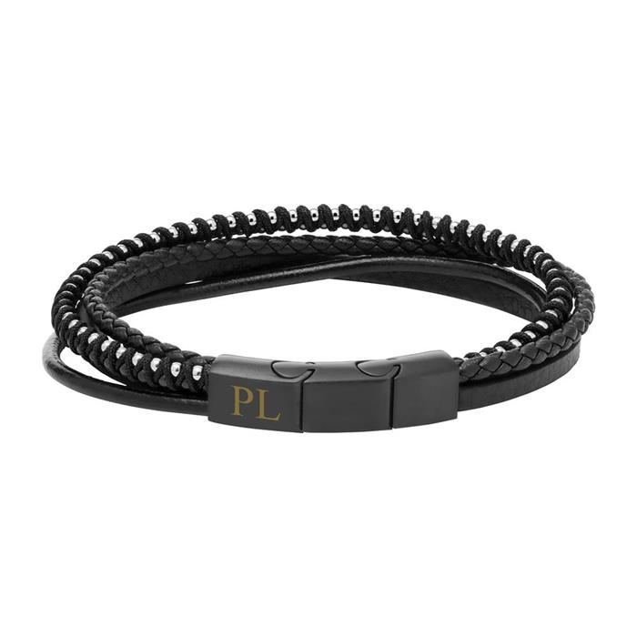 Engravable bracelet made of black imitation leather multiple rows