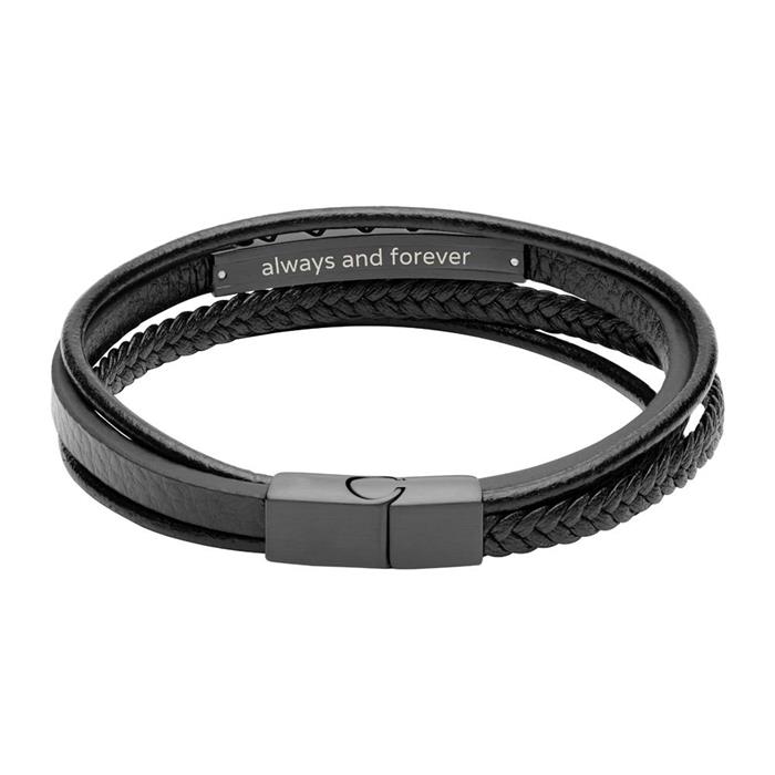 Multi-stranded bracelet made of black imitation leather, engravable