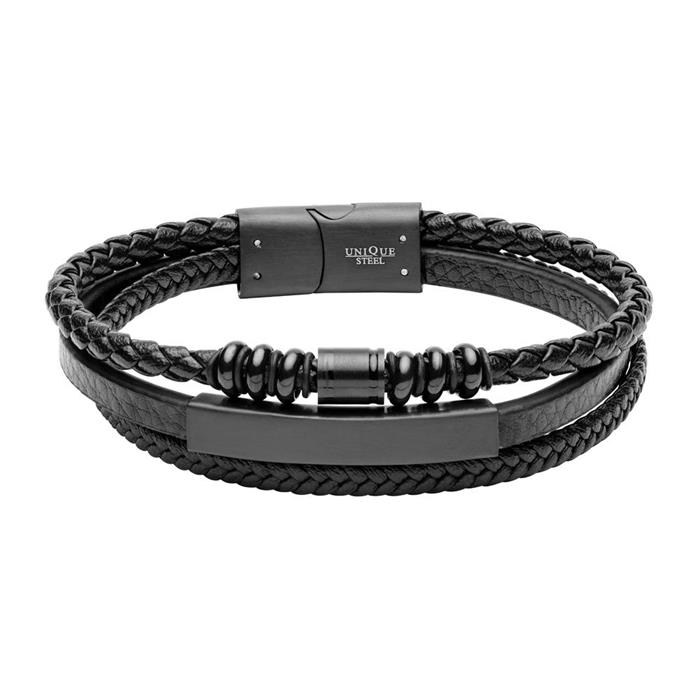Black Imitation Leather Bracelet, Multiple Strands And Engravable