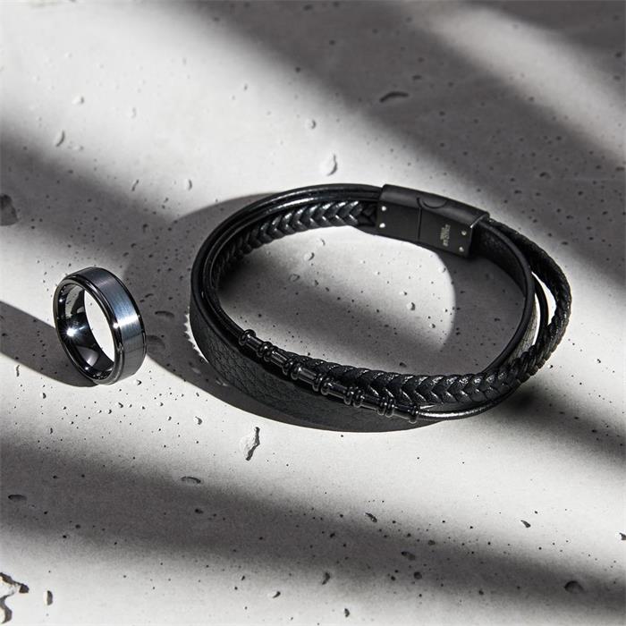 Dreisträngiges Armband aus schwarzem Kunstleder, gravierbar