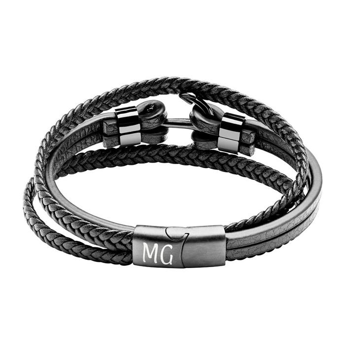 Black imitation leather bracelet anchor for men, engravable