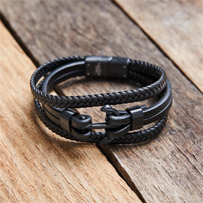 Black imitation leather bracelet anchor for men, engravable
