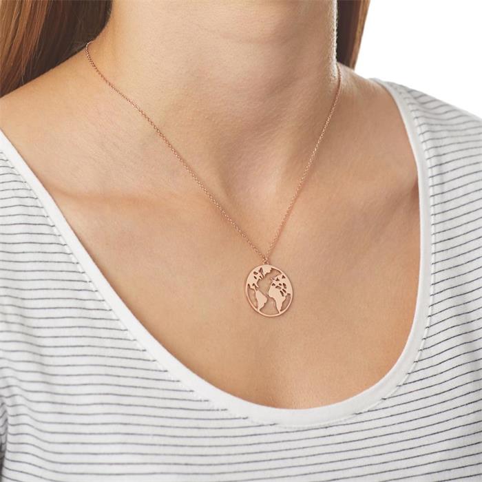 Necklace With World Pendant In Rose Gold-Plated Sterling Silver