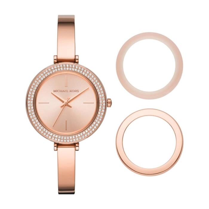 Reloj de mujer de acero inoxidable chapado en oro rosa, biseles intercambiables