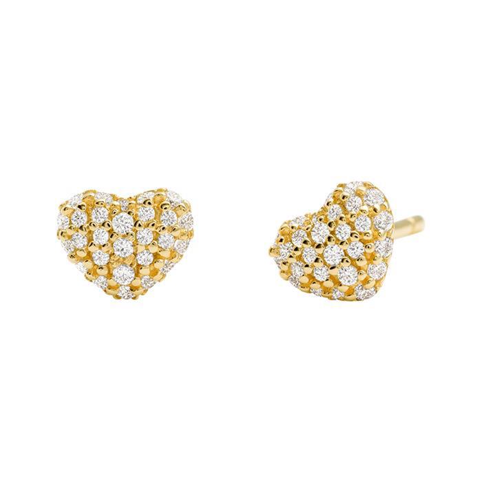 Stud earrings hearts 925 silver, gold plated zirconia