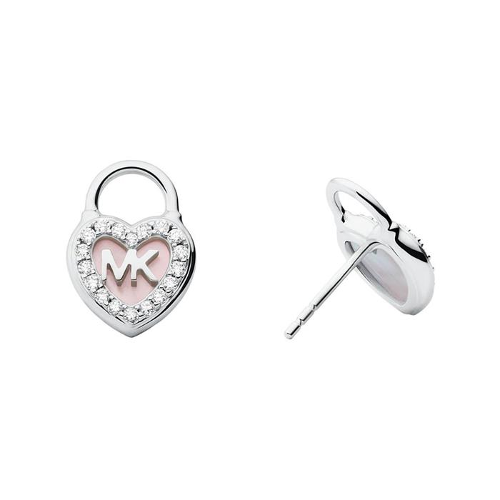 Heart stud earrings in sterling silver, mother-of-pearl, zirconia