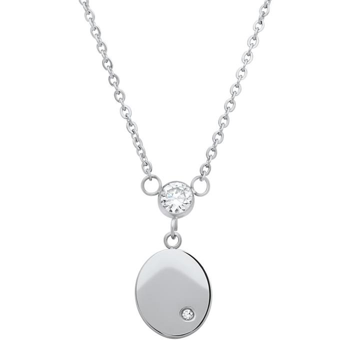 Modern steel necklace with Oval pendant zirconia
