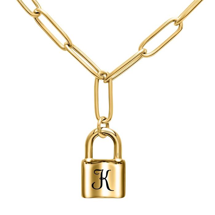 Ladies chain love lock in stainless steel, gold plated
