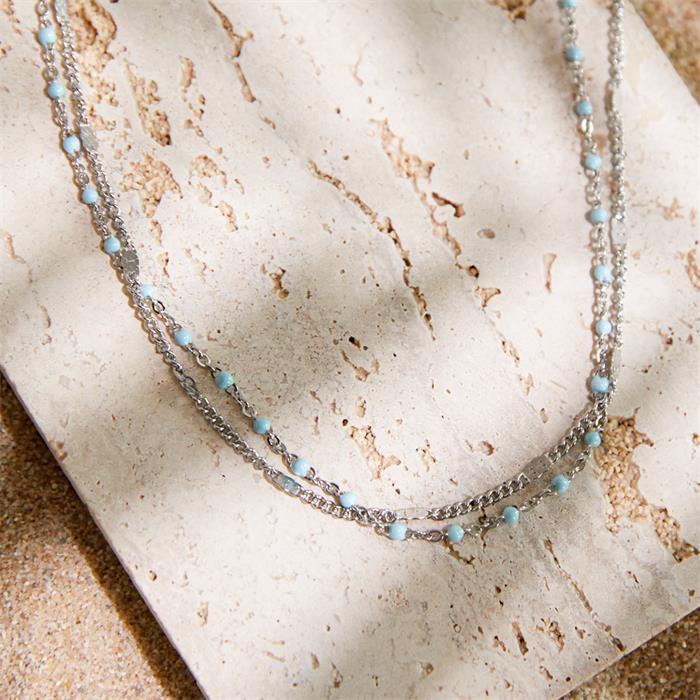 Layers necklace for ladies in stainless steel, enamel, light blue
