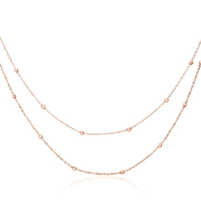 Stainless steel double row chain necklace for ladies, rose gold plated