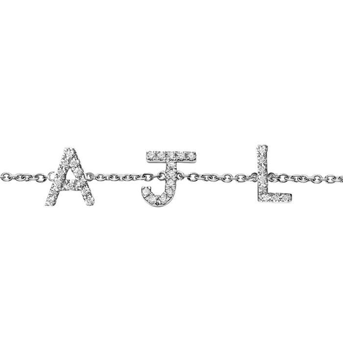 Pulsera de oro blanco 14 quilates con diamantes, 3 letras