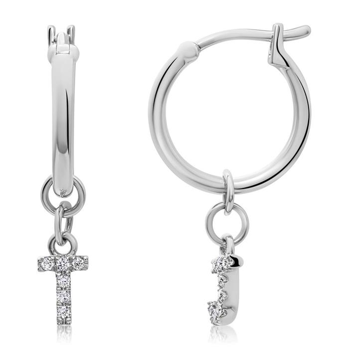 14ct. white gold hoop earrings, diamond-set letters