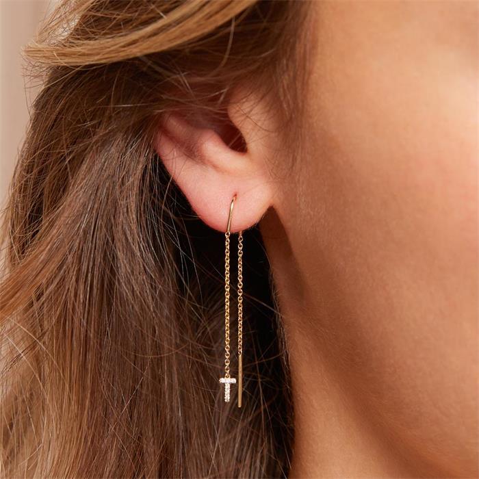 14 quilates pendientes de oro con letras engastadas con diamantes