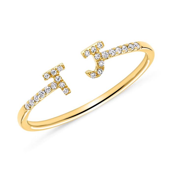 14 karaat gouden ring met Diamant gezette letters, symbolen