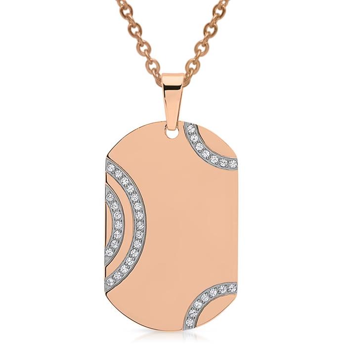 Stainless steel necklace rose dog tag pendant zirconia