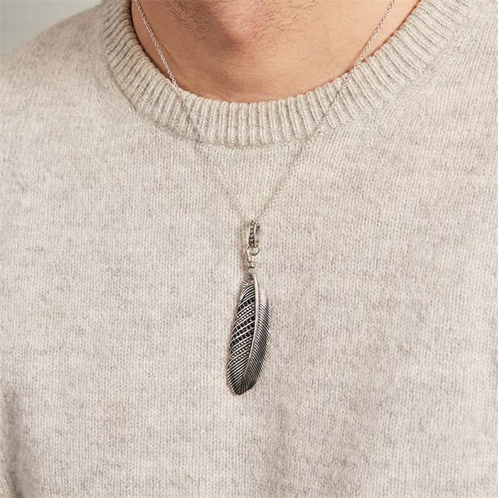 Necklace Stainless Steel Feather With Black Zirconia