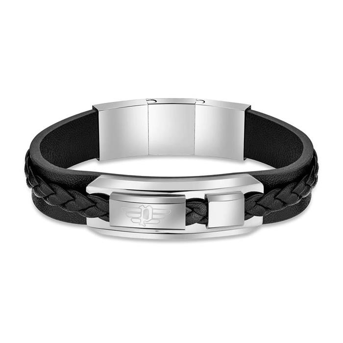 Valorious Engraving Bracelet In Leather And Stainless Steel, Black