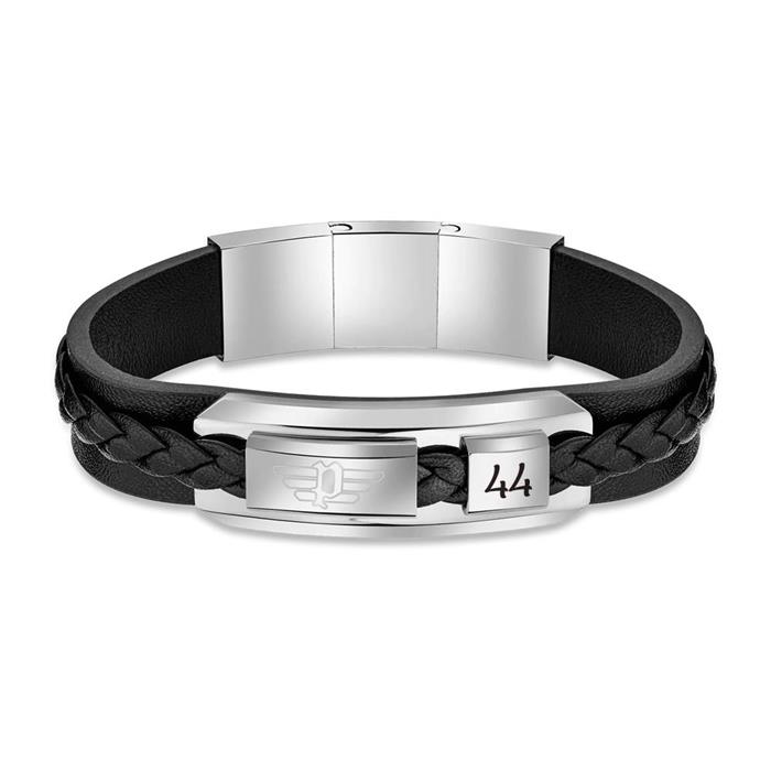 Valorious Engraving Bracelet In Leather And Stainless Steel, Black