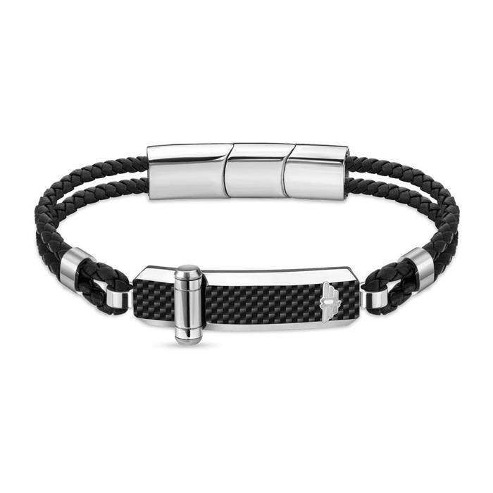 Hinged leather bracelet for men, stainless steel, engravable