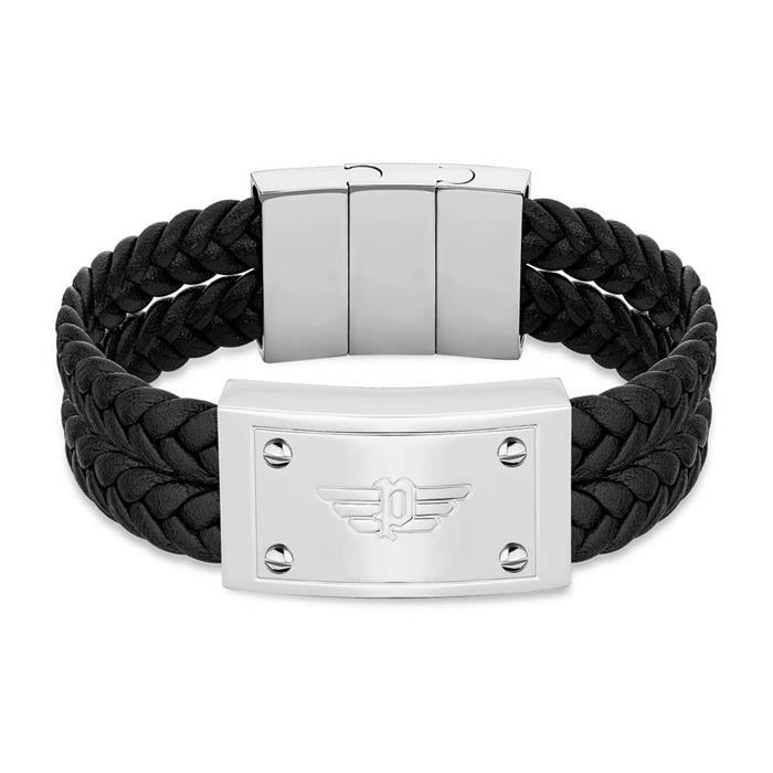 Men's Black Leather Bracelet, Stainless Steel, Engravable