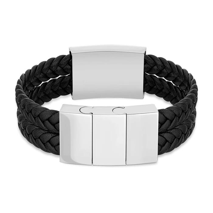 Men's Black Leather Bracelet, Stainless Steel, Engravable