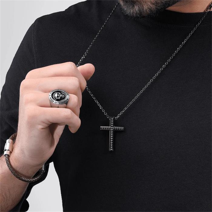 Men's vertex ring in stainless steel with skull, onyx