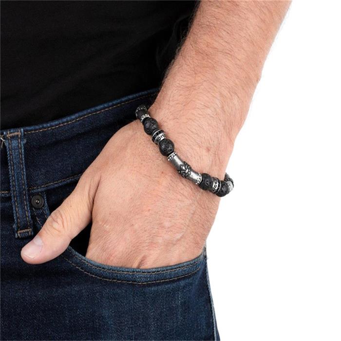 Gents bracelet beads in lava stone and stainless steel