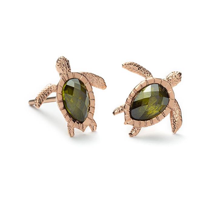 Turtle stud earrings in stainless steel with cubic zirconia, IP rose