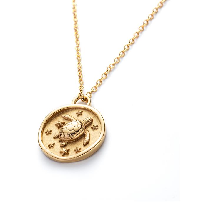Ladies' turtle coin necklace in stainless steel, gold, engravable