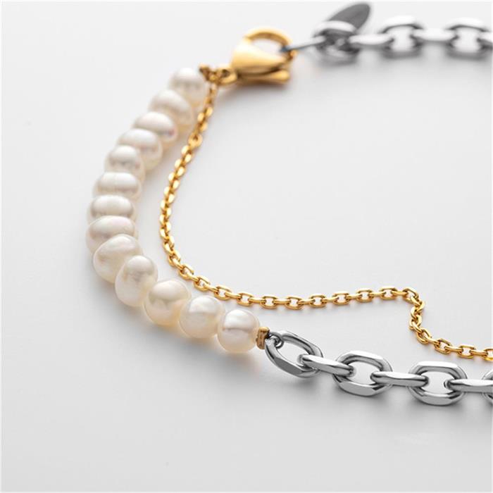 Treasure bracelet in bicolour stainless steel with pearls