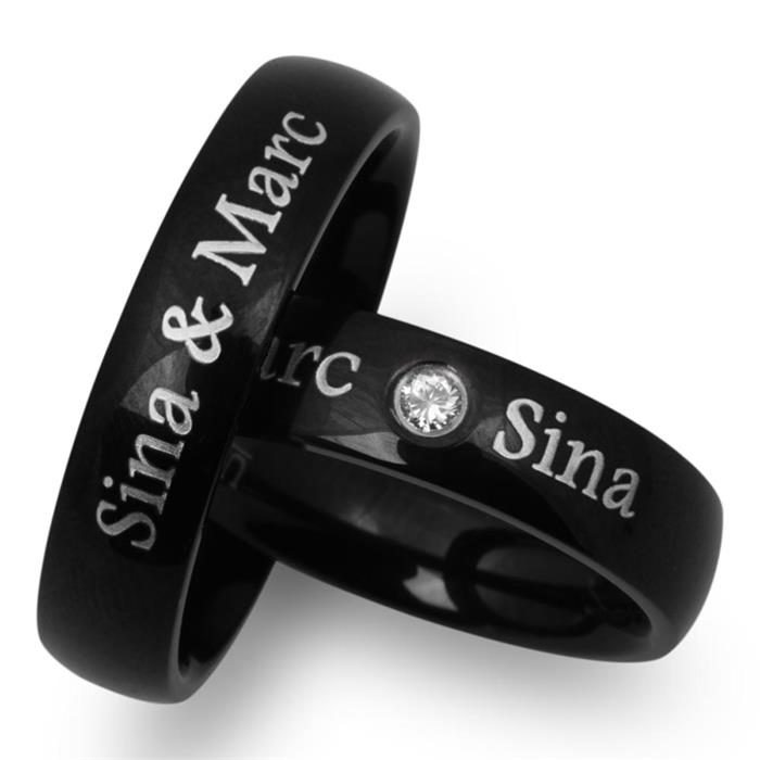 Black stainless steel wedding rings with laser engraving