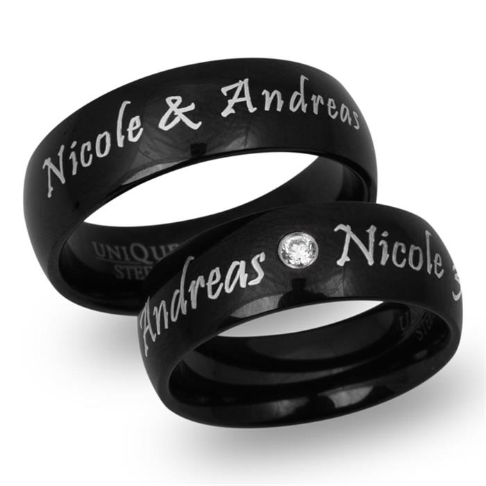 Black stainless steel wedding rings with laser engraving