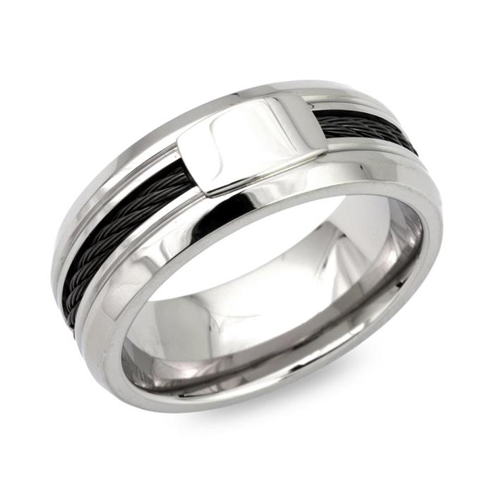 Moderner Ring Edelstahl mit schwarzem Stahlseil